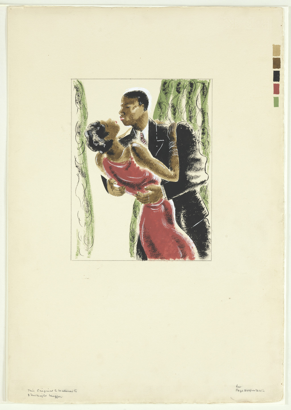 A person in a red dress and another in a black suit are dancing closely, with green curtains in the background. The image's colors include red, black, green, and tan. This is an AI generated description. To give feedback, email ai@moma.org.