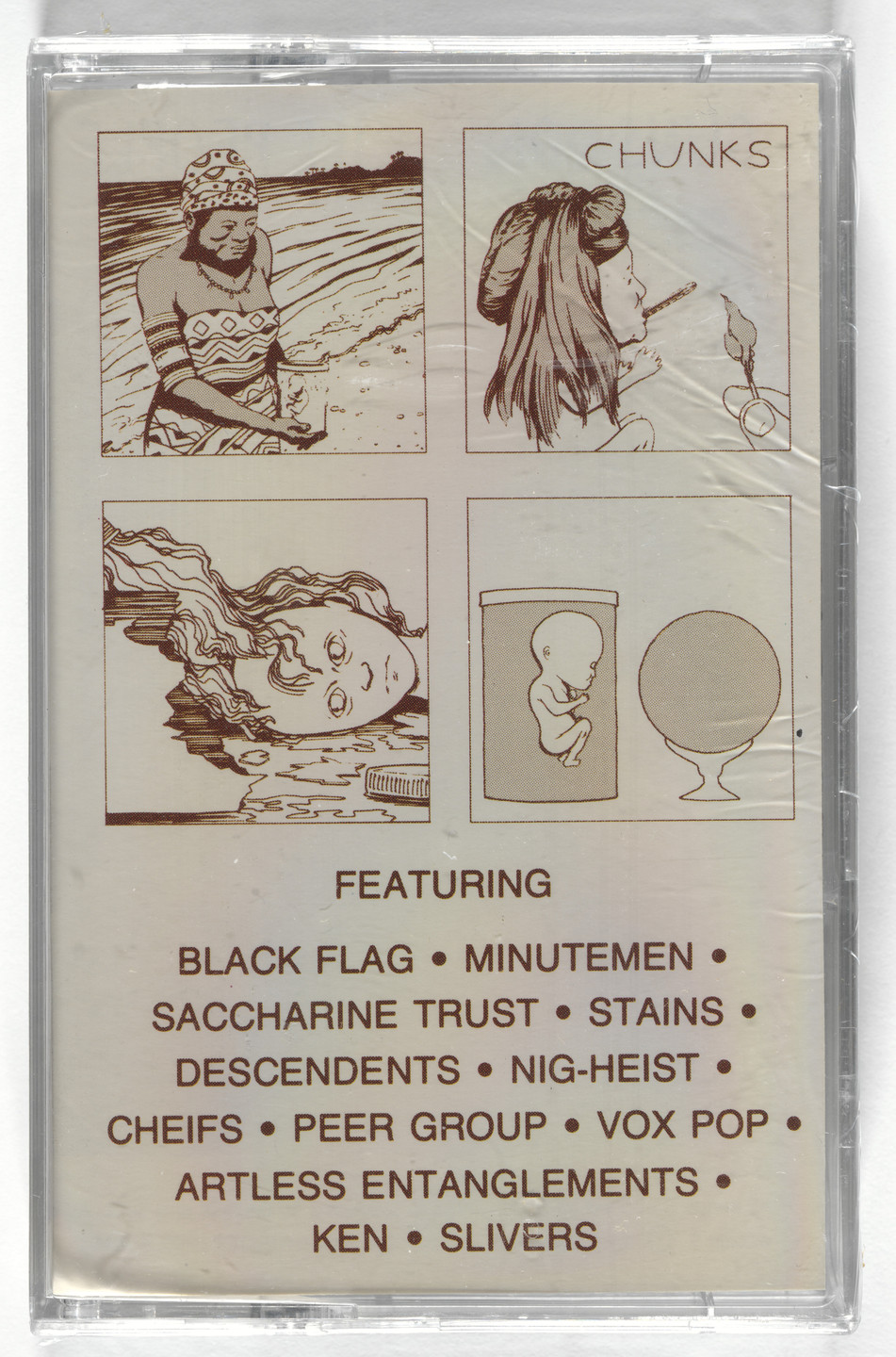 Various Artists, Descendents, Cheifs, Minutemen, Black Flag, The Stains, Peer Group, Vox Pop, Ken Starkey, Slivers, Saccharine Trust, Artless Entanglements, The Nig-Heist, Raymond Pettibon. Chunks. 1981, released 1988