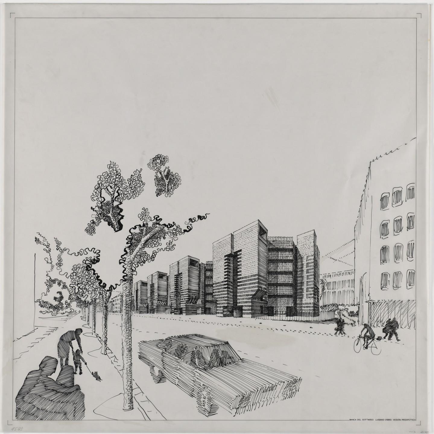 Mario Botta. Gotthard Bank, Lugano, Switzerland, Perspective. 1986