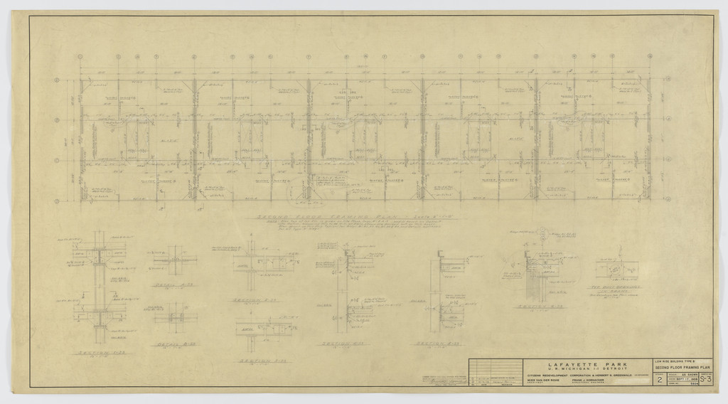Pavilion Apartments and Town Houses, Lafayette Park, Detroit, MI (Low rise building. Type B. Second-floor framing plan and sections.)