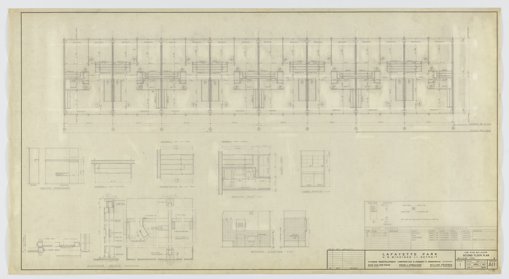 Pavilion Apartments and Town Houses, Lafayette Park, Detroit, MI (Low rise buildings. Building type B. 2nd floor plan details. Plans, elevations, sections.)