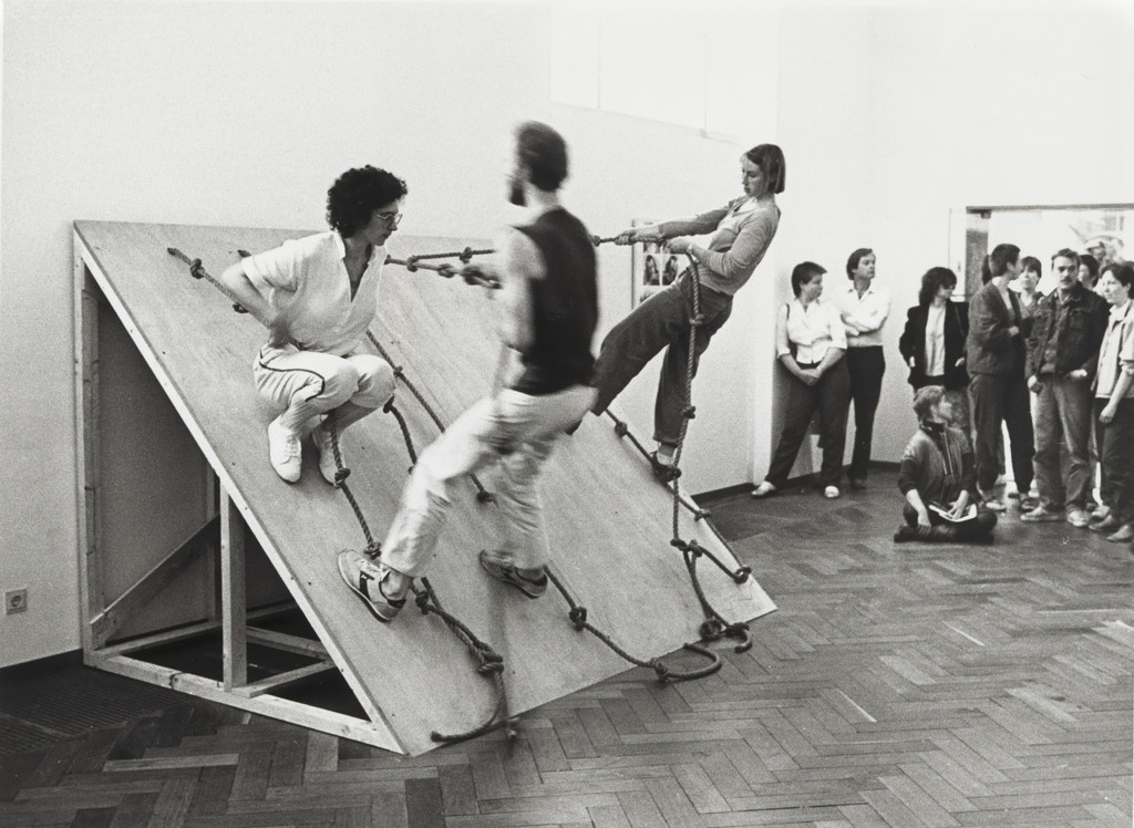 Photograph of "Slant Board Performance" at the Stedelijk Museum