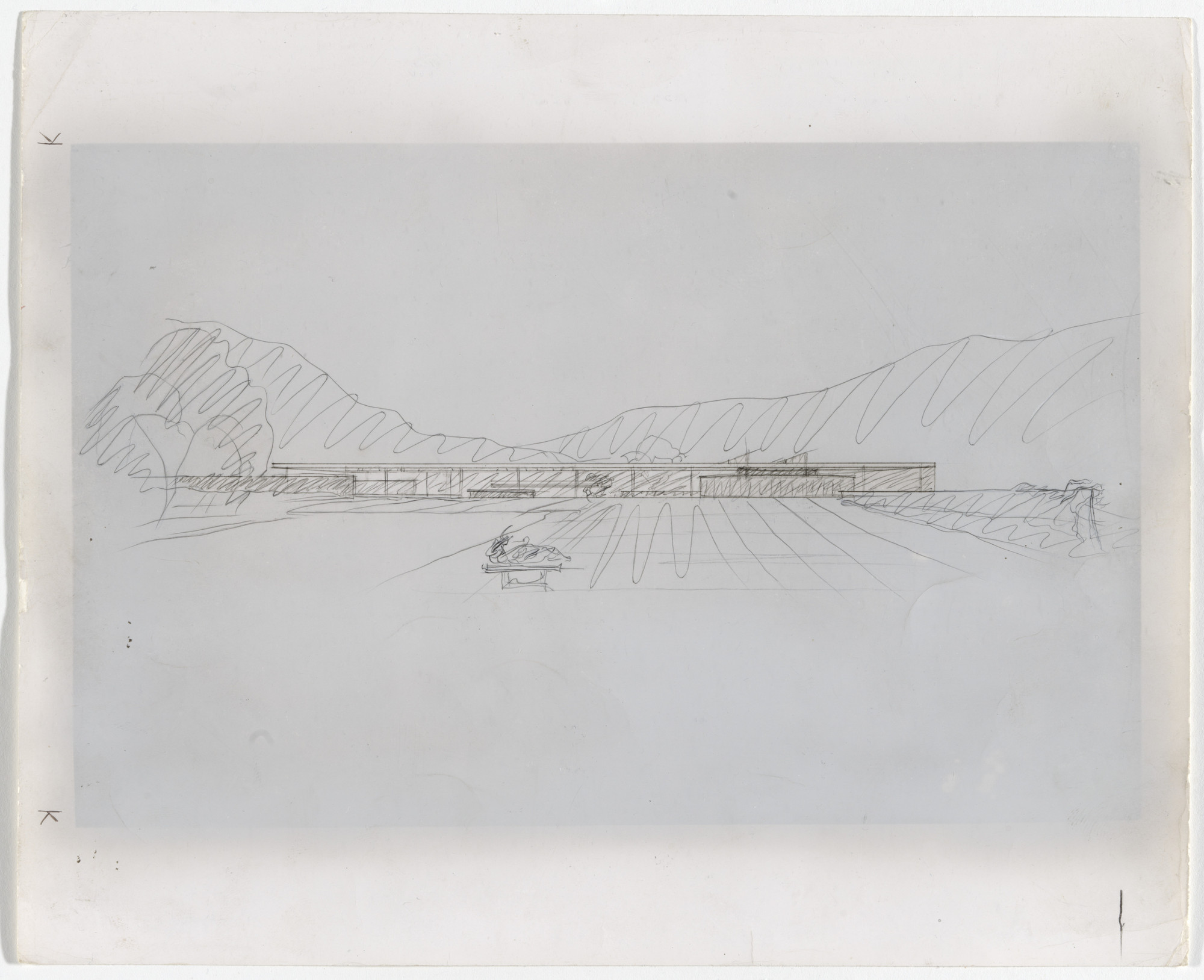 Ludwig Mies van der Rohe. Museum for a Small City project (Exterior perspective sketch)