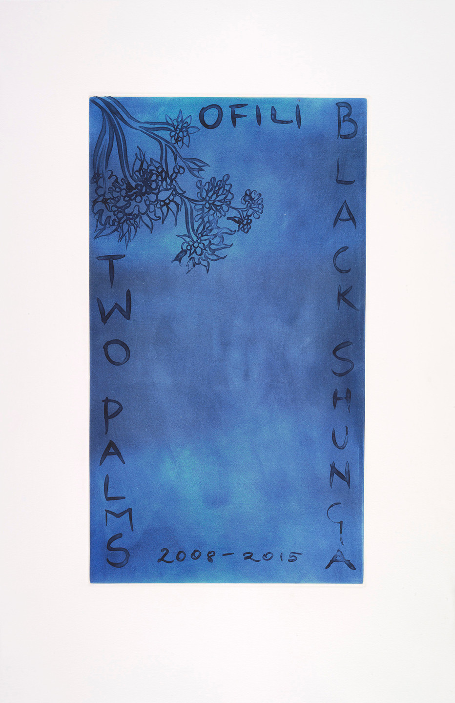 The image features a blue background with dark, sketchy flower-like shapes at the upper left. The words "OFILI," "TWO PALMS," "BLACK SHUNGA," and "2008-2015" are written around the edges. This is an AI generated description. To give feedback, email ai@moma.org.