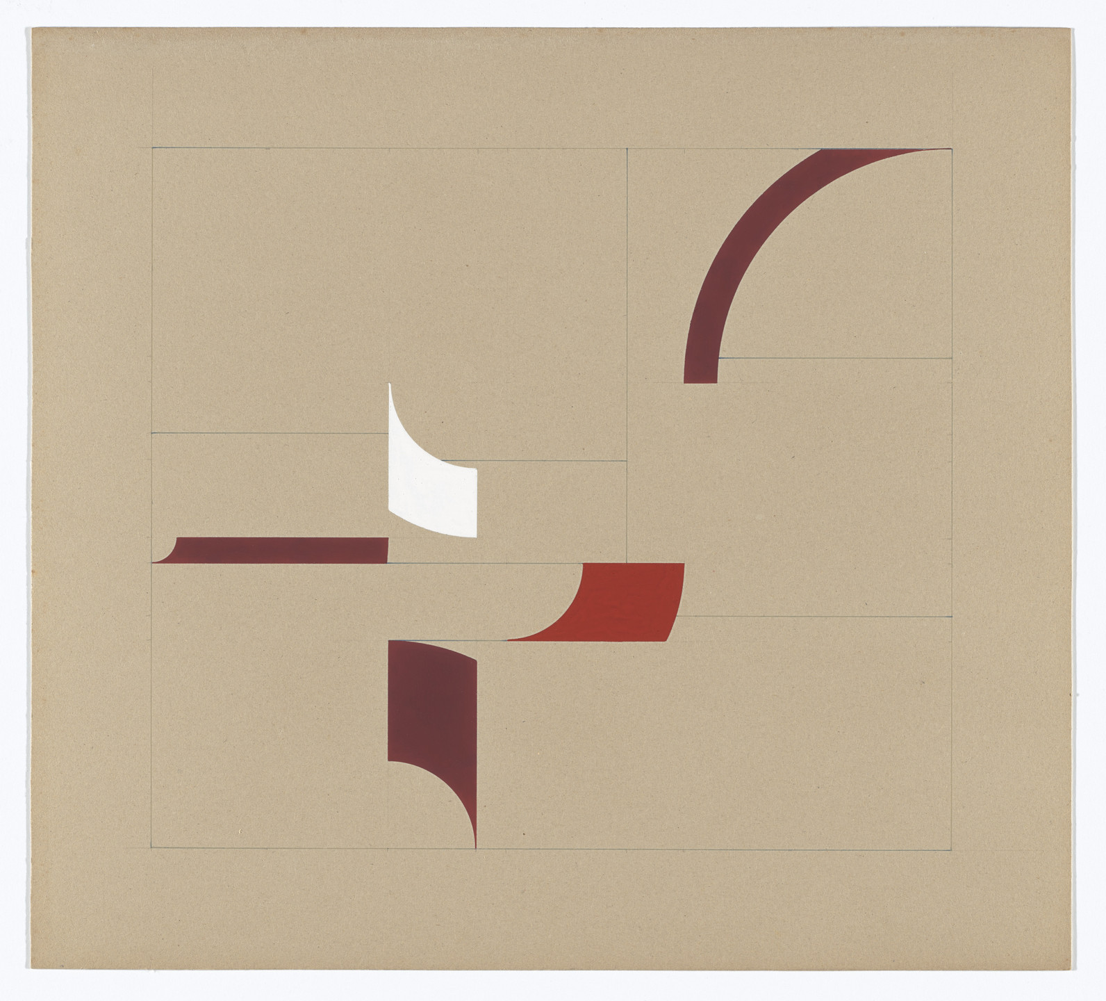 The image features floating geometric shapes on a beige paper background. The shapes are burgundy, white, and red curved and straight-edged shapes arranged asymmetrically across the canvas. This is an AI generated description. To give feedback, email ai@moma.org.