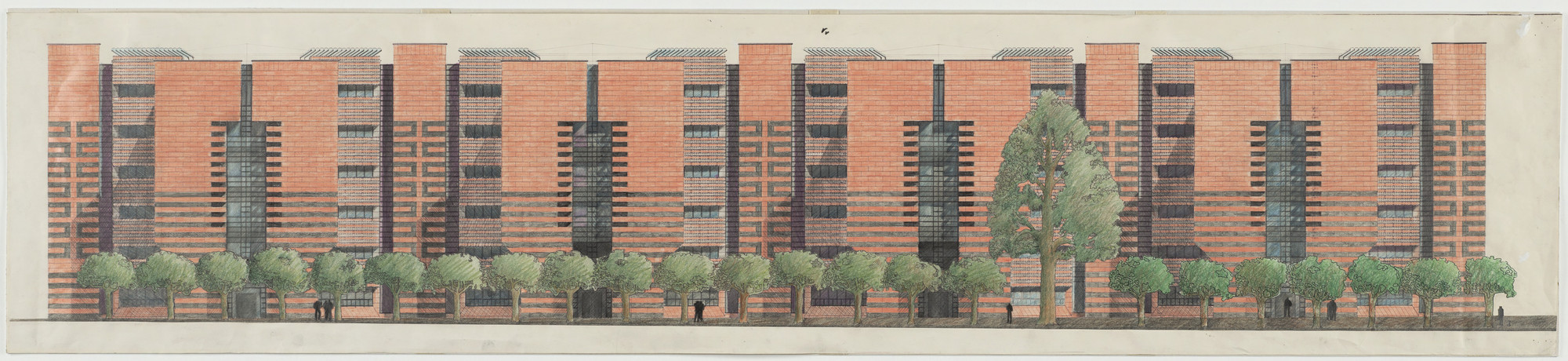 Mario Botta. Gotthard Bank, Lugano, Switzerland, West elevation. 1985