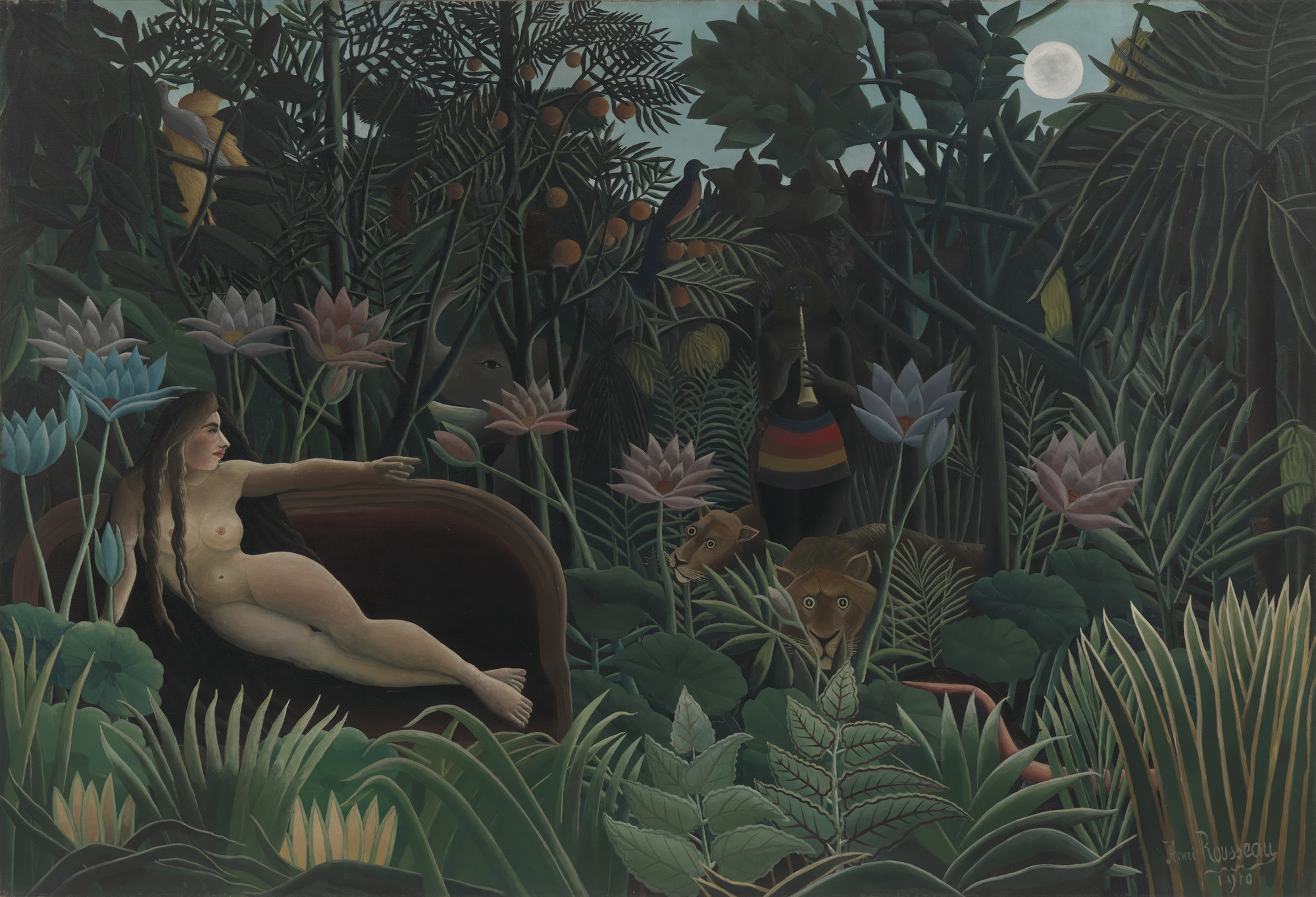 A nude woman reclines on a dark reddish brown couch in a lush green jungle with blue and pink lotus flowers. An elephant, lion, tiger with large eyes as well as a snake and birds populate the folioage and the full moon is visible in the pale blue sky. This is an AI generated description. To give feedback, email ai@moma.org.