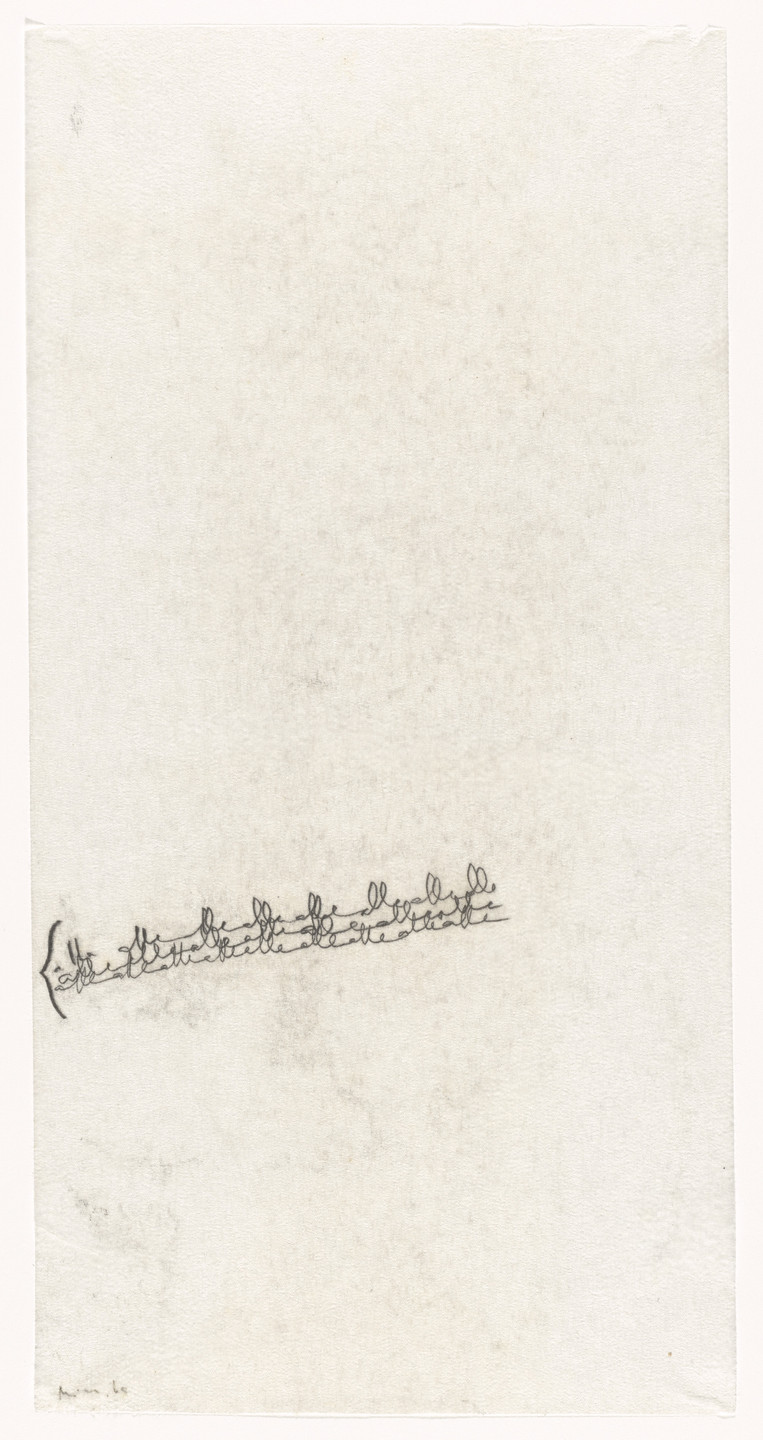 A light beige paper features a series of repetitive, overlapping dark grey lines resembling handwriting, centered towards the bottom left side. The rest of the paper is mostly empty with a subtle texture. This is an AI generated description. To give feedback, email ai@moma.org.