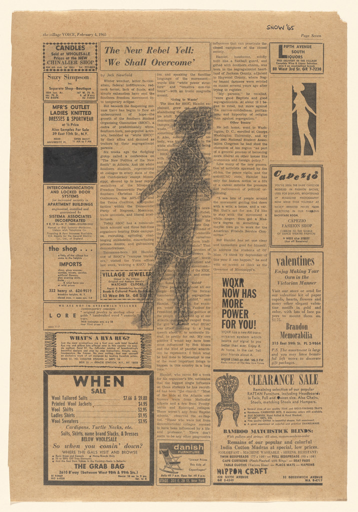 Drawing on newsprint (Village Voice) with printed Walking Woman silhouette. February 4, 1965