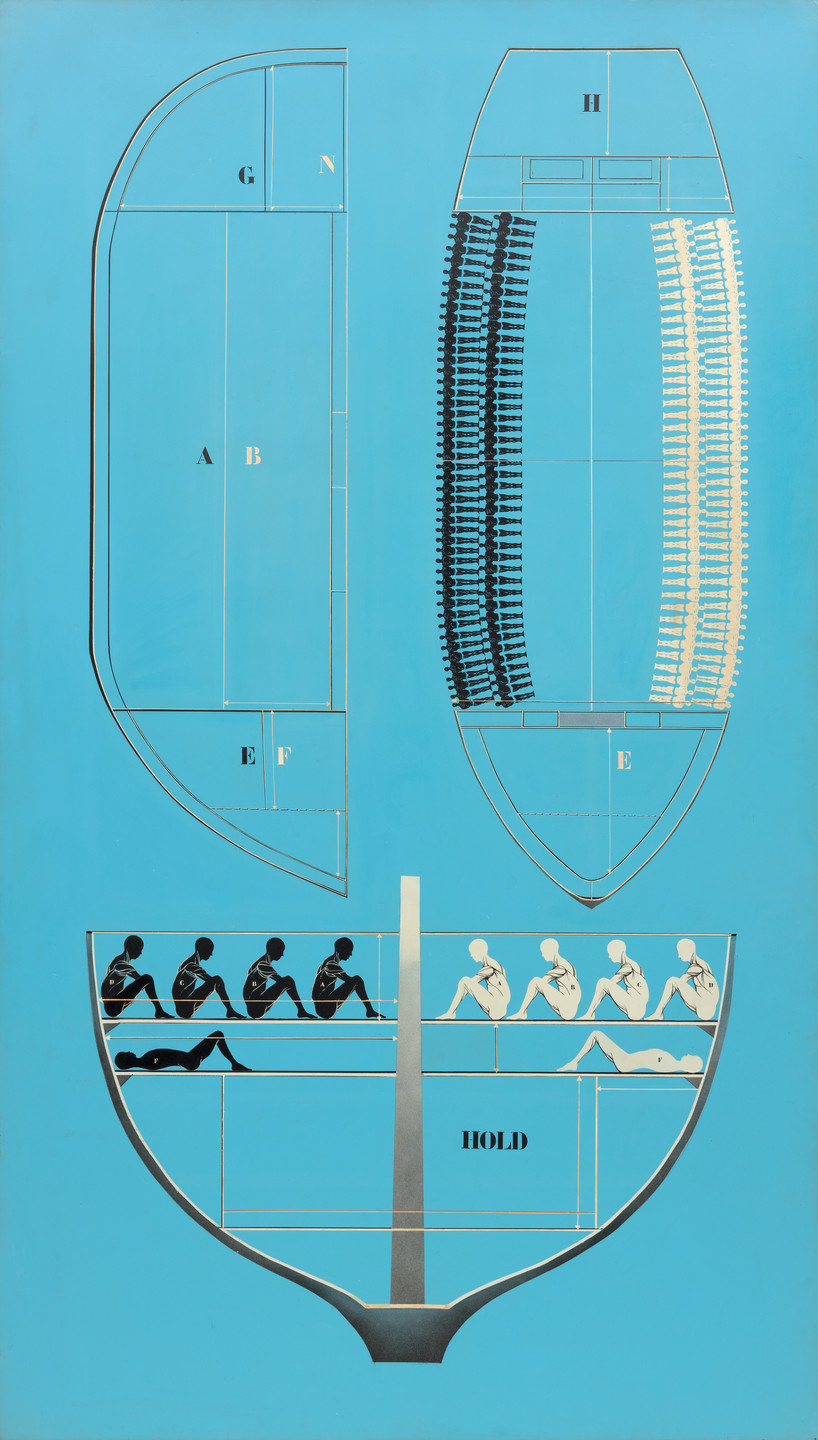 The image shows a blueprint-like drawing of a ship's cross-section on a light blue background with labels such as "A," "B," "E," "F," "G," "N," and "H." The bottom section features side-by-side rows of people depicted in black and white silhouettes, illustrating the cramped conditions inside the ship. This is an AI generated description. To give feedback, email ai@moma.org.