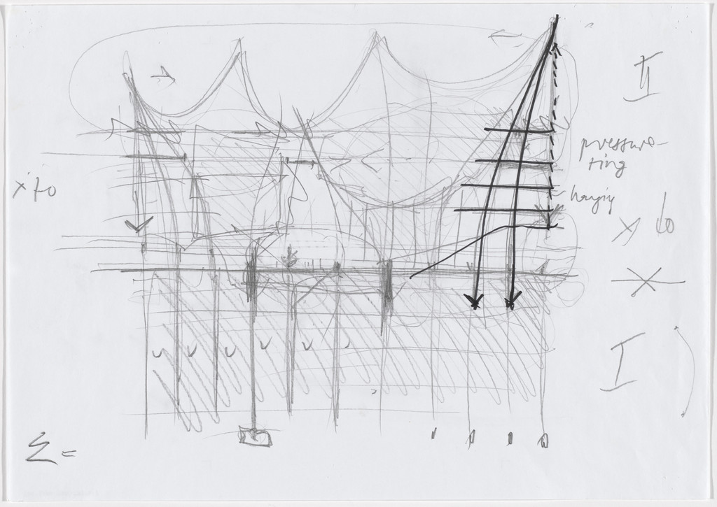 Elbphilharmonie, Hamburg, Germany (Sketch; relationship between roofscape, floors and load transfer)