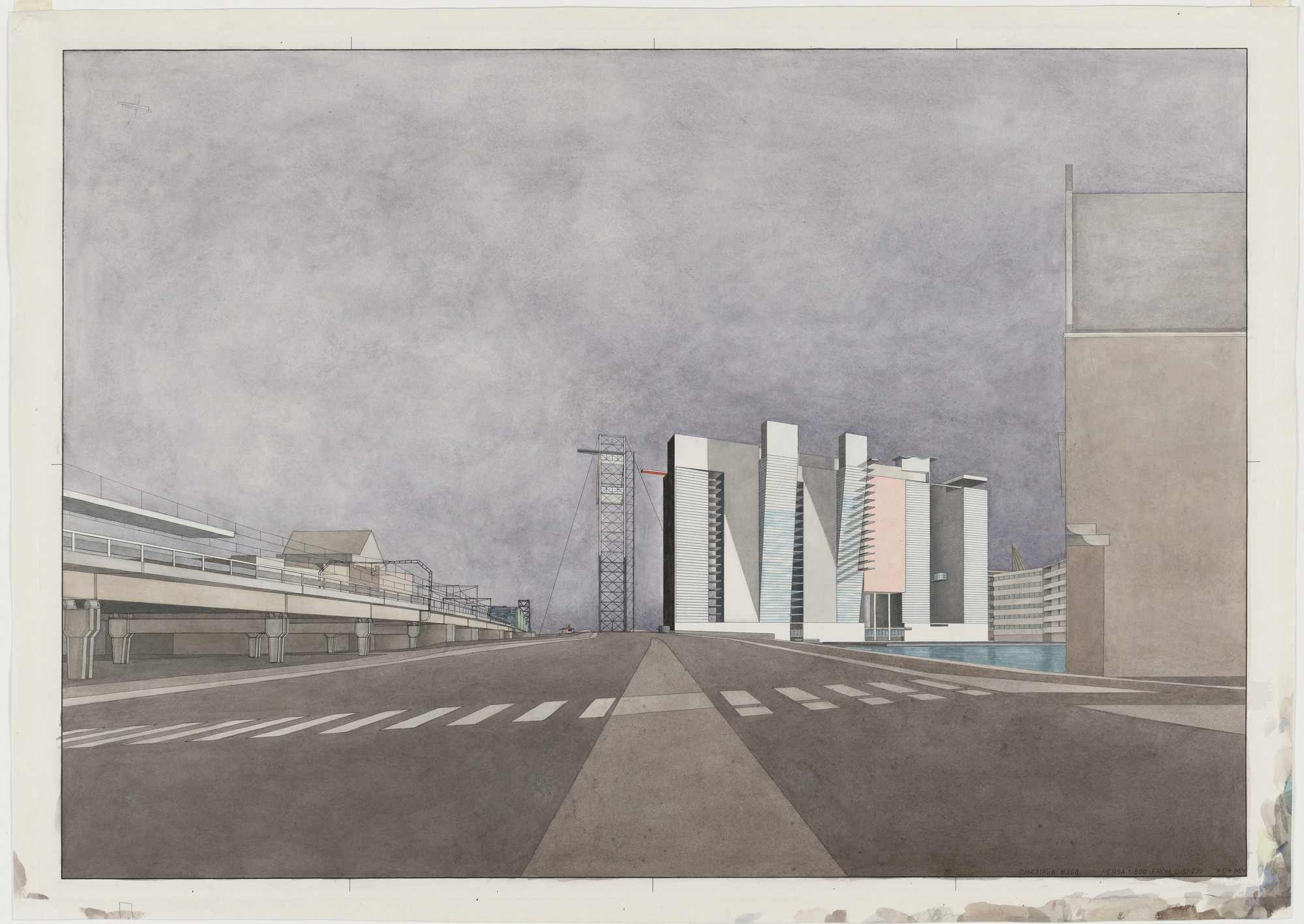 Rem Koolhaas, Elia Zenghelis, Zoe Zenghelis, Madelon Vriesendorp. Boompjes Tower Slab, project, Rotterdam, The Netherlands, Perspective. 1981