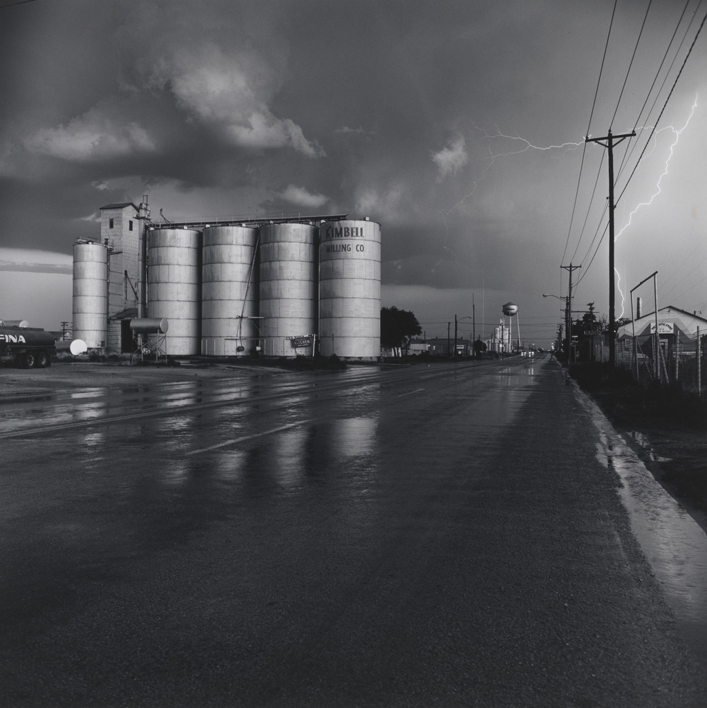 Grain Elevators and Lightning Flash, Lamesa, Texas