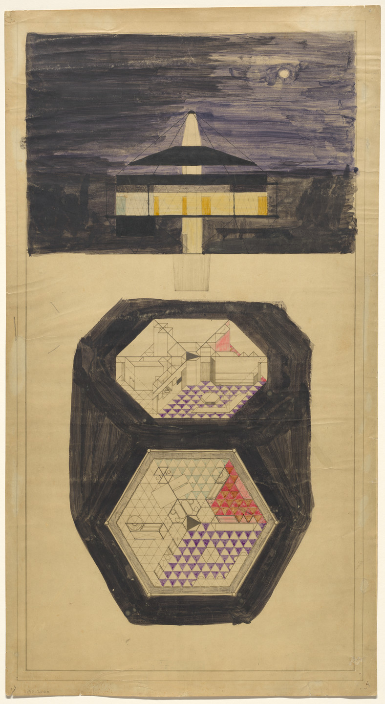 R. Buckminster Fuller. A Dymaxion Home project (Elevation, axonometric, and plan). c. 1930