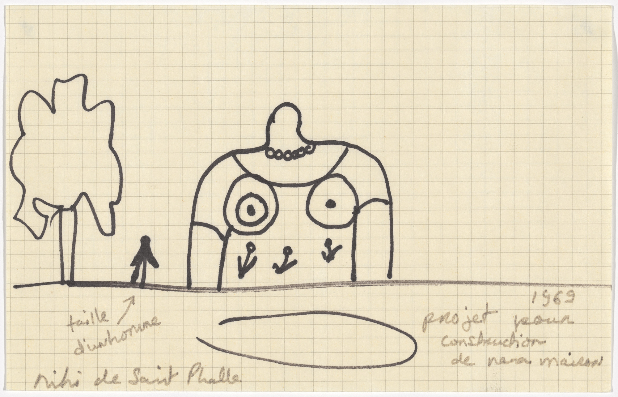 A black ink drawing on graph paper depicting a stylized person and a tree on the left. The background is a light beige grid with handwritten annotations at the bottom. This is an AI generated description. To give feedback, email ai@moma.org.