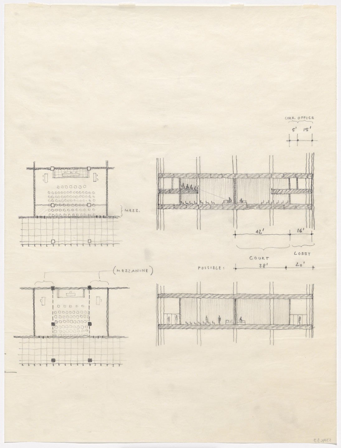 Ludwig Mies van der Rohe. Federal Center, Chicago, Illinois (Plan, sketch, and longitudinal sections: mezzanine). 1959