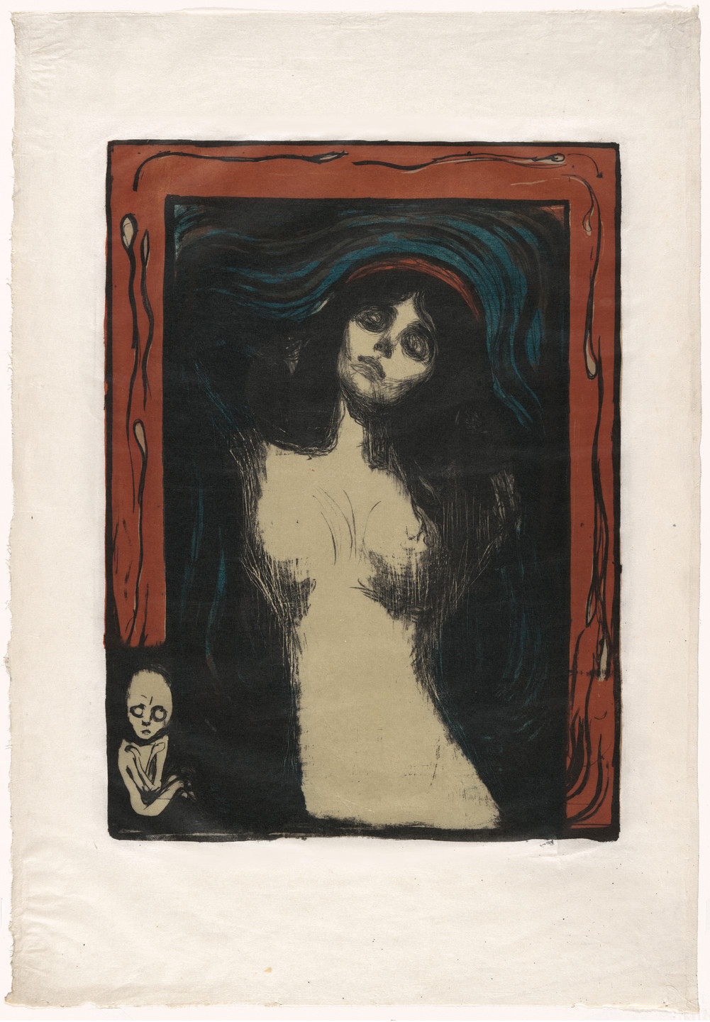 The image shows a central figure with pale skin, large eyes, and dark hair flowing around the head, set against a black background with red and blue accents. In the bottom left corner, there is a smaller figure with a similar pale complexion and dark eyes. This is an AI generated description. To give feedback, email ai@moma.org.