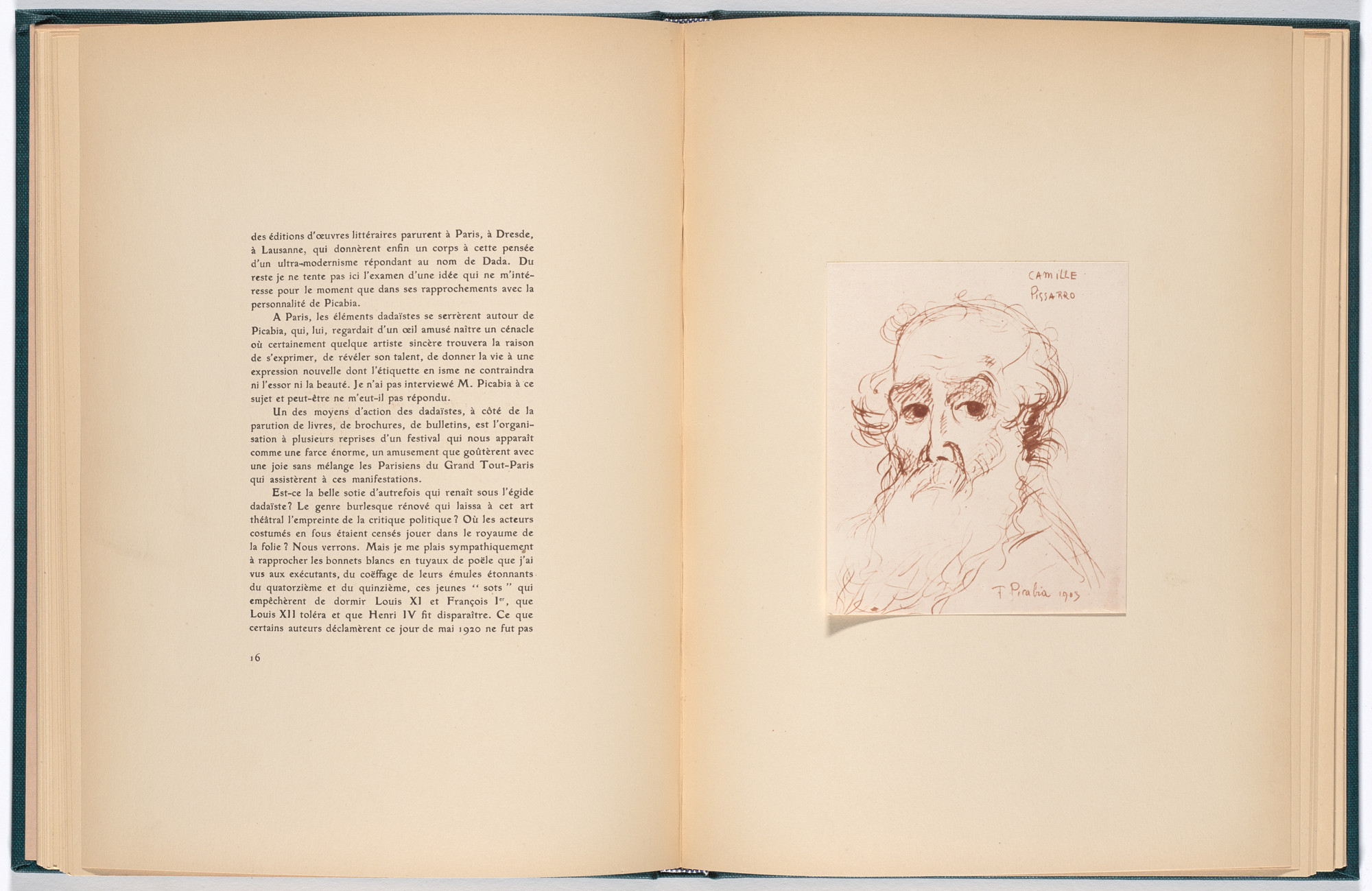 Francis Picabia. Reproduction of Camille Pissarro (facing page 16) from Monographie Francis Picabia (Francis Picabia Monograph). 1920