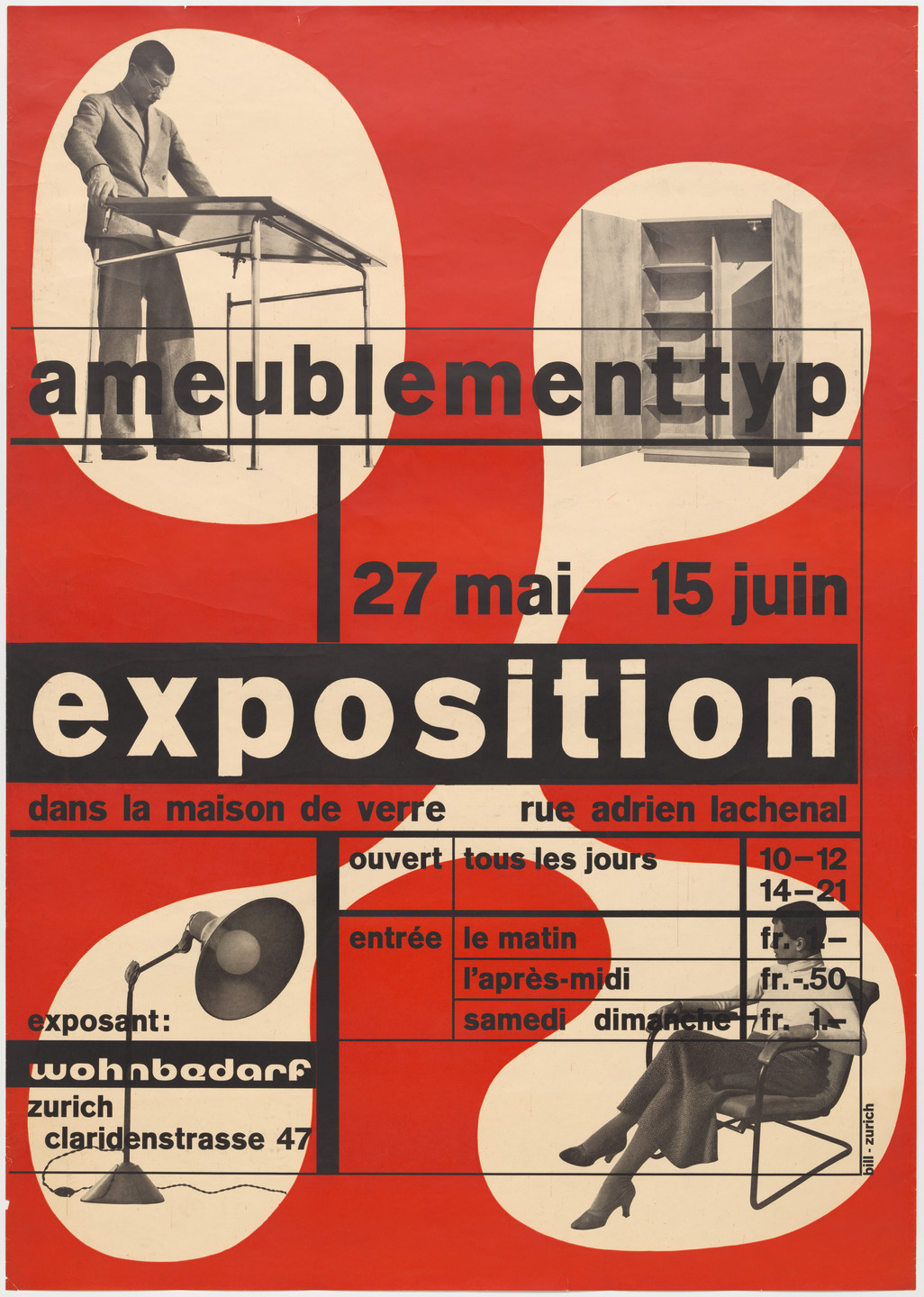 Max Bill. Poster for an exhibition of furniture by Wohnbedarf at Le Corbusier&#39;s Maison de Verre [Immeuble Clarté], Geneva. 1933