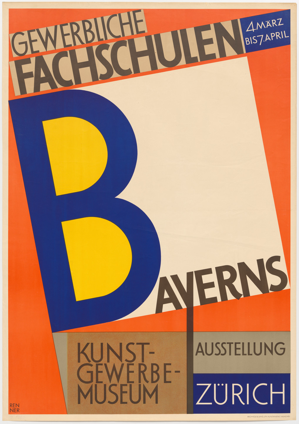 Paul Renner. Poster for an exhibition of the Technical Schools of Applied Arts of Bavaria (Gewerbliche Fachschulen Bayerns Ausstellung), Kunstgewerbemuseum, Zürich. 1928