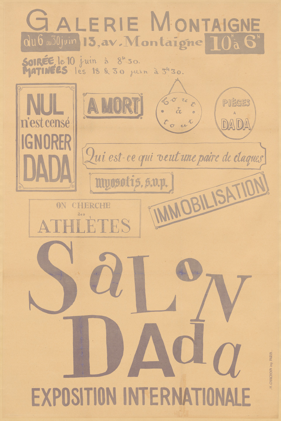Tristan Tzara. Poster for the exhibition Salon Dada: Exposition Internationale, Galerie Montaigne, Paris. 1921
