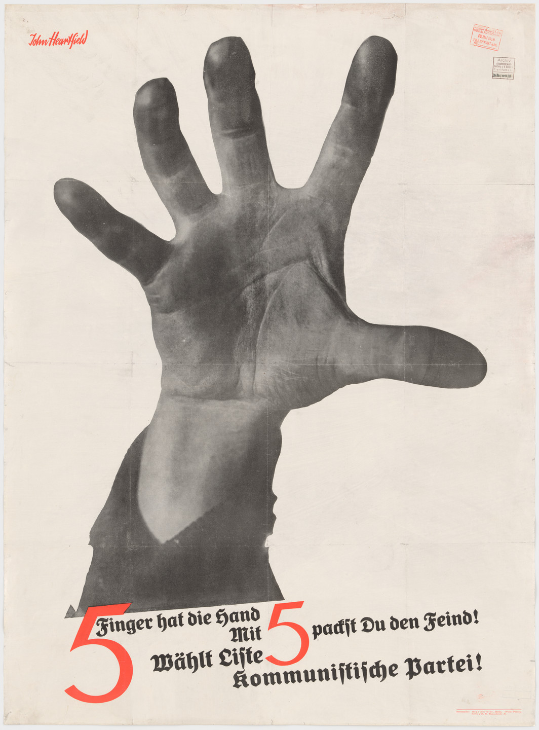 John Heartfield (Helmut Herzfeld). The Hand Has Five Fingers (5 Finger hat die Hand) (Poster for the German Communist Party). 1928