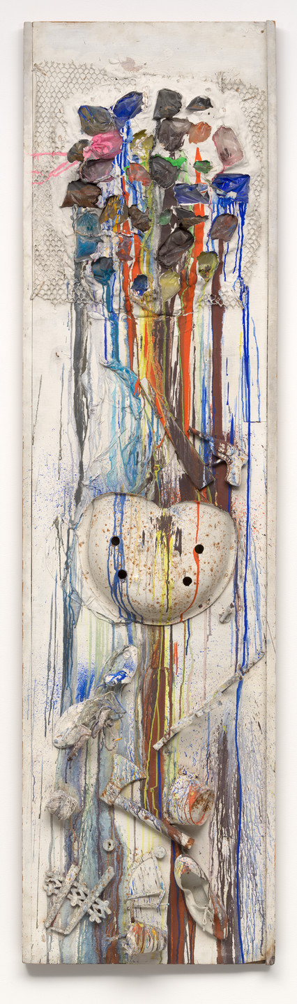 A tall canvas with a mixture of vivid colors, including blue, red, orange, and yellow, with paint dripping down. Various objects, like a textured net and what appears to be mask fragments, are integrated. This is an AI generated description. To give feedback, email ai@moma.org.