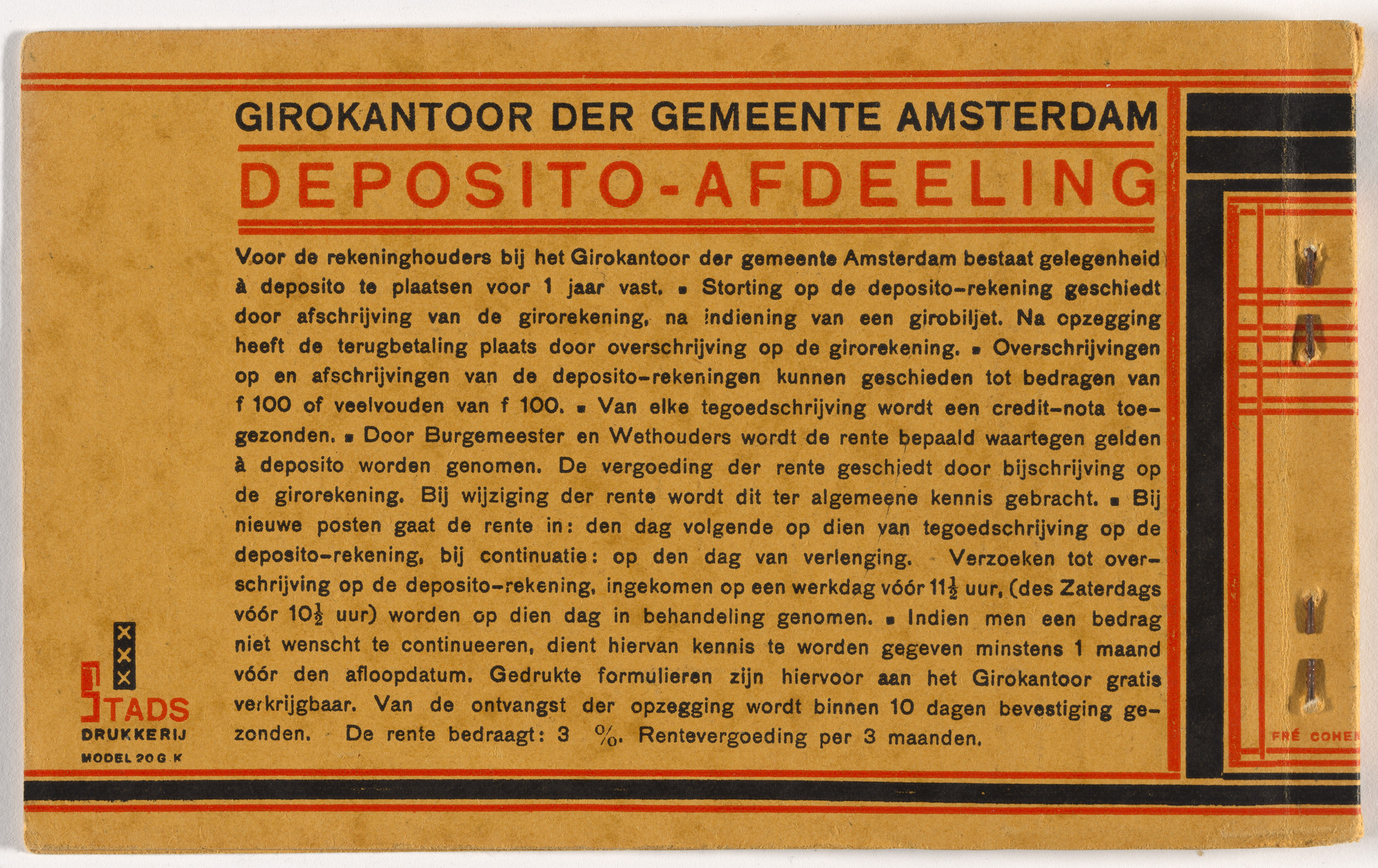 Fré Cohen. Checkbook and register for the Giro Bank, Amsterdam. 1929