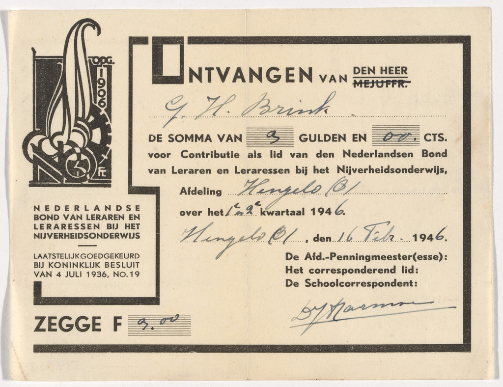 Membership fee receipt for the Dutch Federation of Teachers in Industrial Education (Nederlandse Bond van Lareren en Lararessen Bij het Nijverheidsonderwijs)