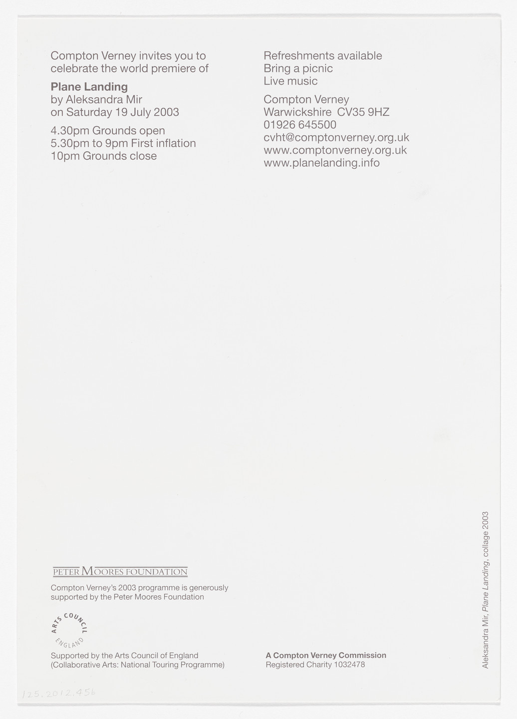 Aleksandra Mir. Promotional material for Plane Landing, Compton Verney, Warwickshire, UK, July 19–20, 2003. 2003