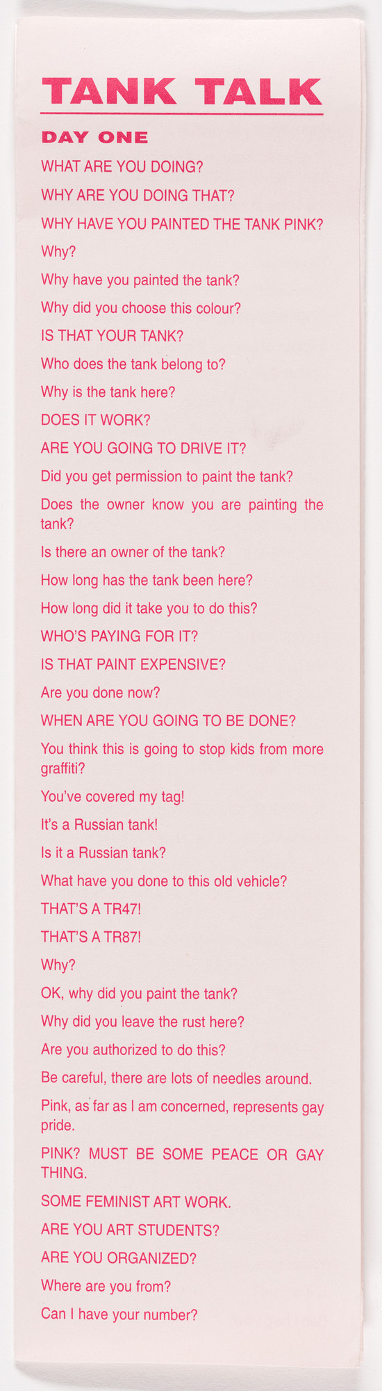 Aleksandra Mir. Tank Talk brochure for Pink Tank, produced for the exhibition Publicness, Institute of Contemporary Art, London, January 29–March 16, 2003