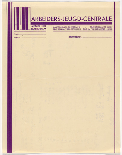 Stationery letterhead for the Arbeiders Jeugd Centrale (Youth Workers Central)
