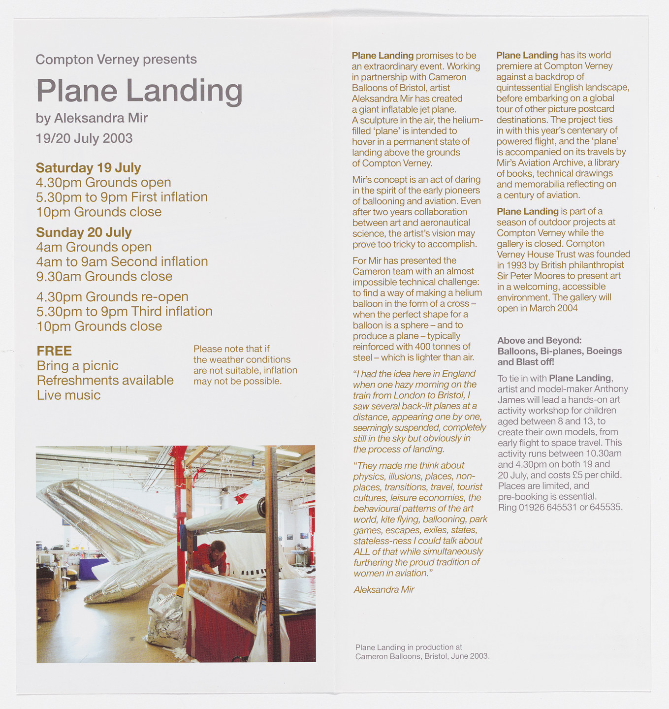Aleksandra Mir. Promotional material for Plane Landing, Compton Verney, Warwickshire, UK, July 19–20, 2003. 2003