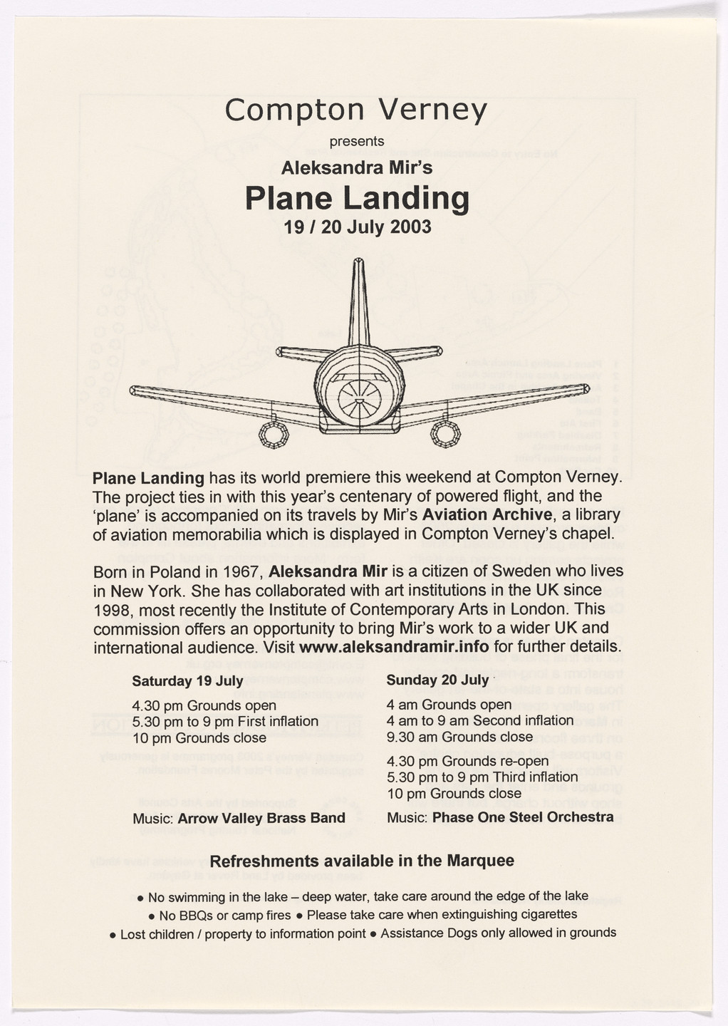 Aleksandra Mir. Promotional material for Plane Landing, Compton Verney, Warwickshire, UK, July 19–20, 2003. 2003