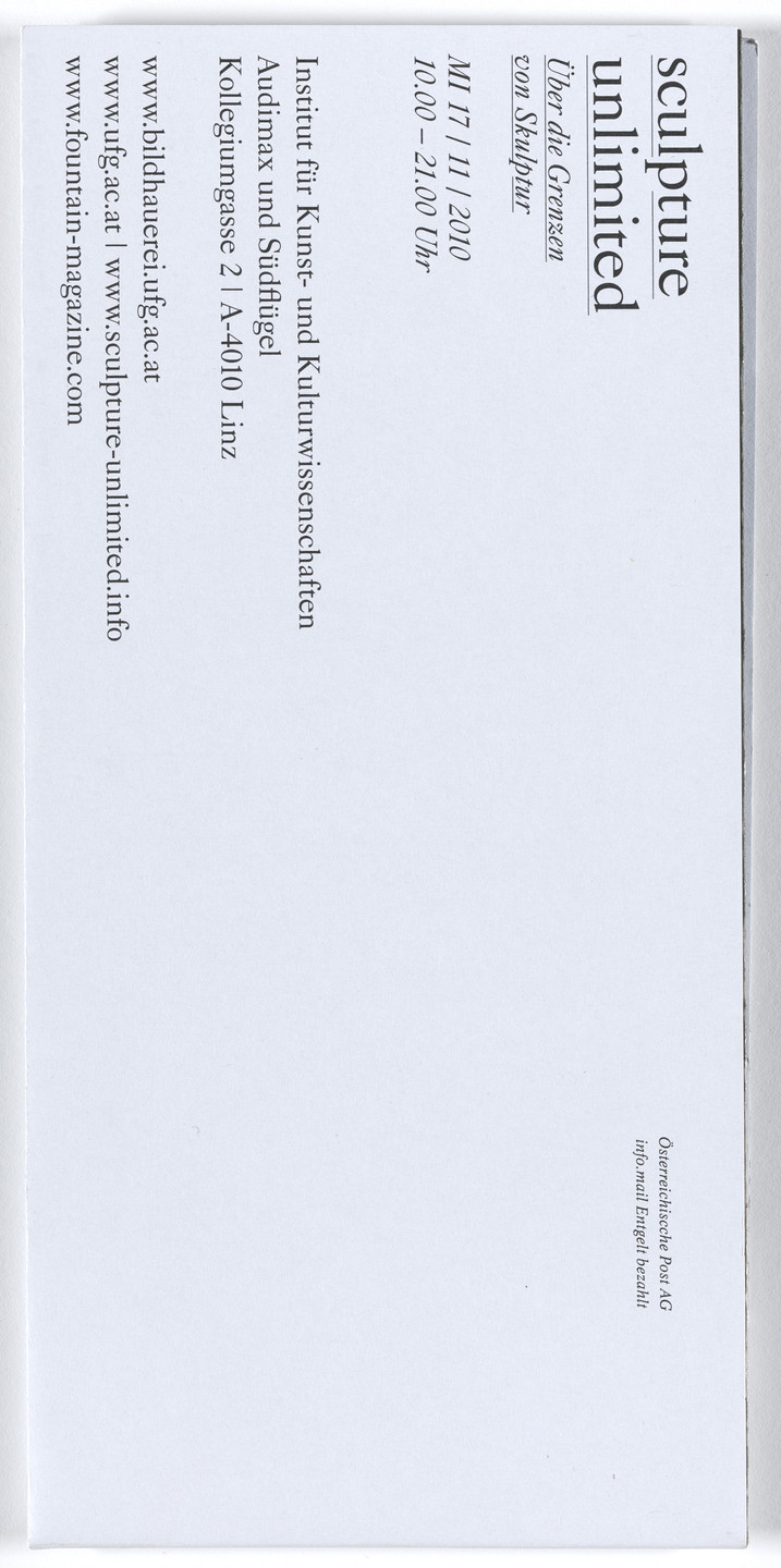 Aleksandra Mir. Poster for Sculpture Unlimited symposium, Institute of Fine Arts and Cultural Studies, Kunstuniversität Linz, Austria, November 17, 2010. 2010–11
