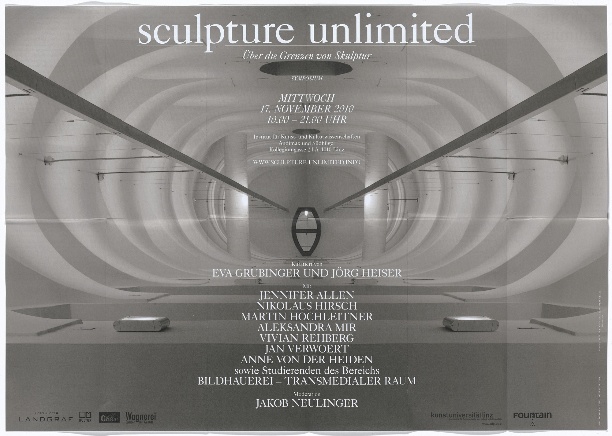 Aleksandra Mir. Poster for Sculpture Unlimited symposium, Institute of Fine Arts and Cultural Studies, Kunstuniversität Linz, Austria, November 17, 2010. 2010–11