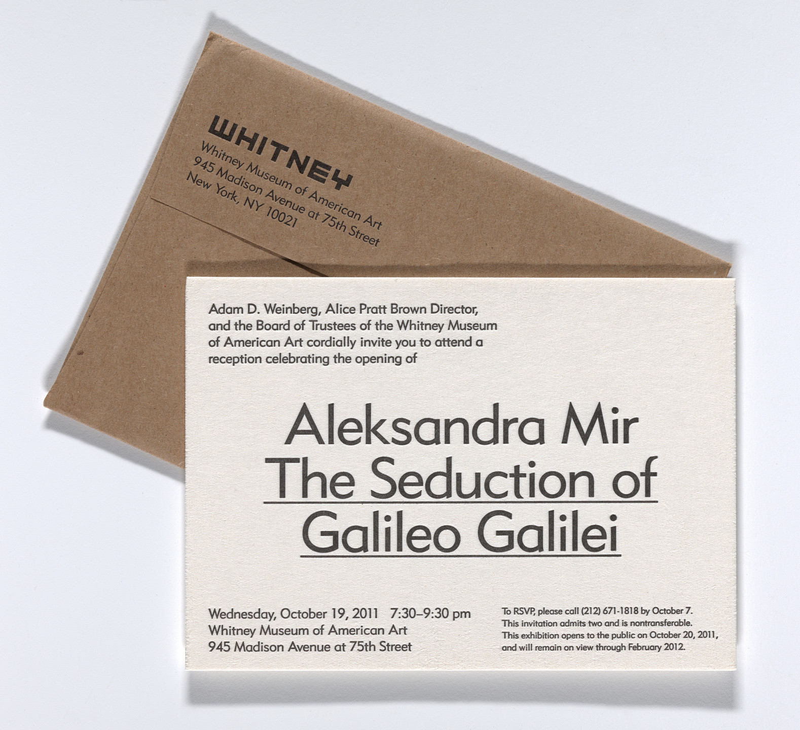 Aleksandra Mir. The Seduction of Galileo Galilei, The Whitney Museum of American Art, New York, October 20, 2011–February 19, 2012. 2011–12
