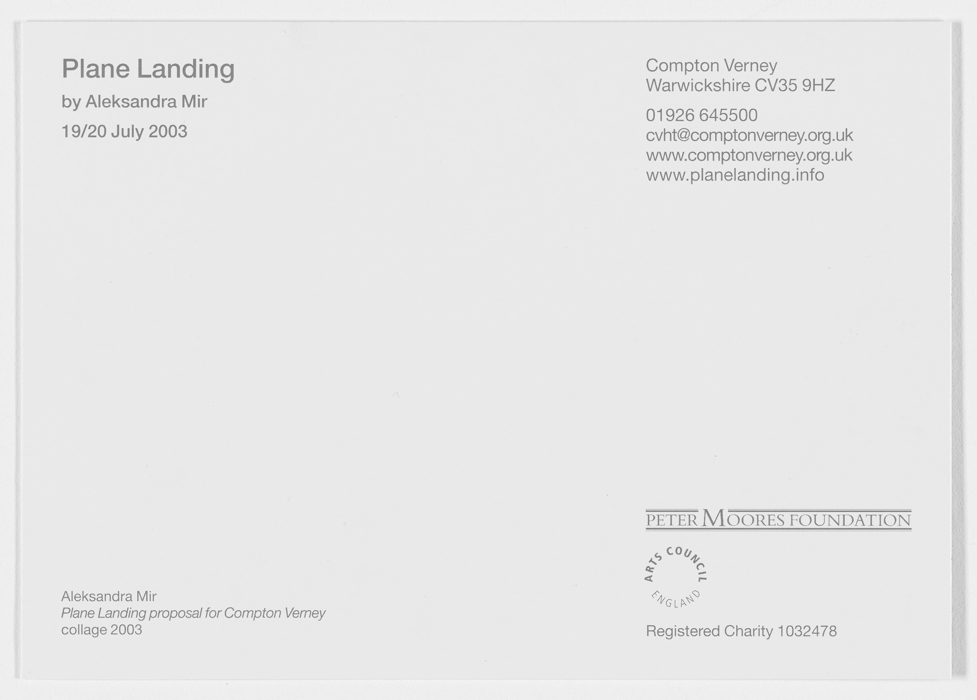 Aleksandra Mir. Promotional material for Plane Landing, Compton Verney, Warwickshire, UK, July 19–20, 2003. 2003