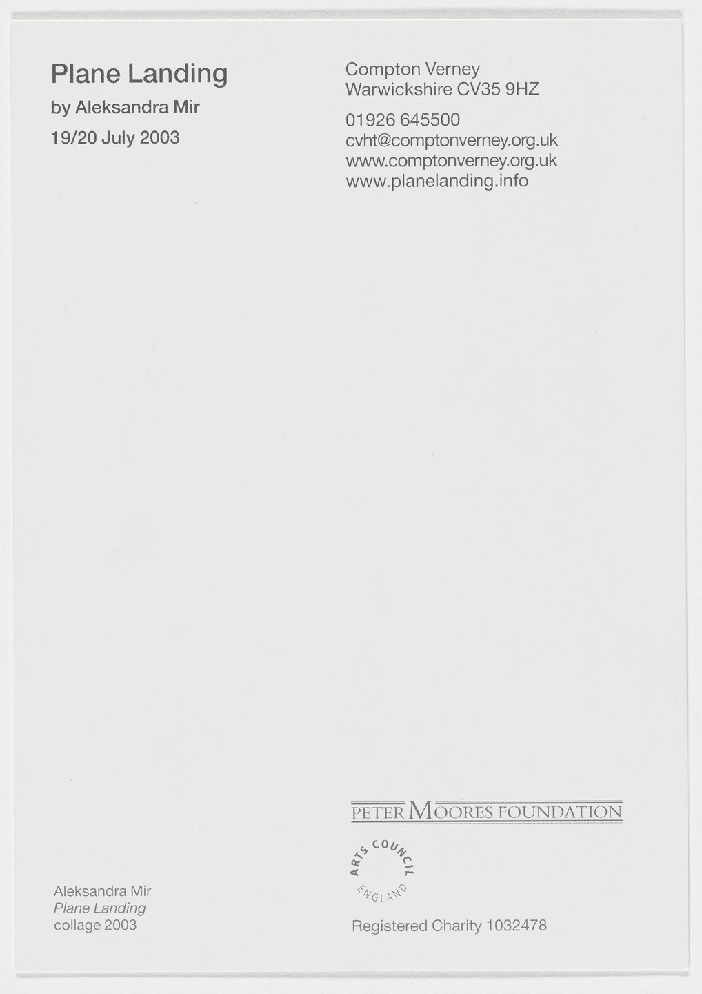 Aleksandra Mir. Promotional material for Plane Landing, Compton Verney, Warwickshire, UK, July 19–20, 2003. 2003