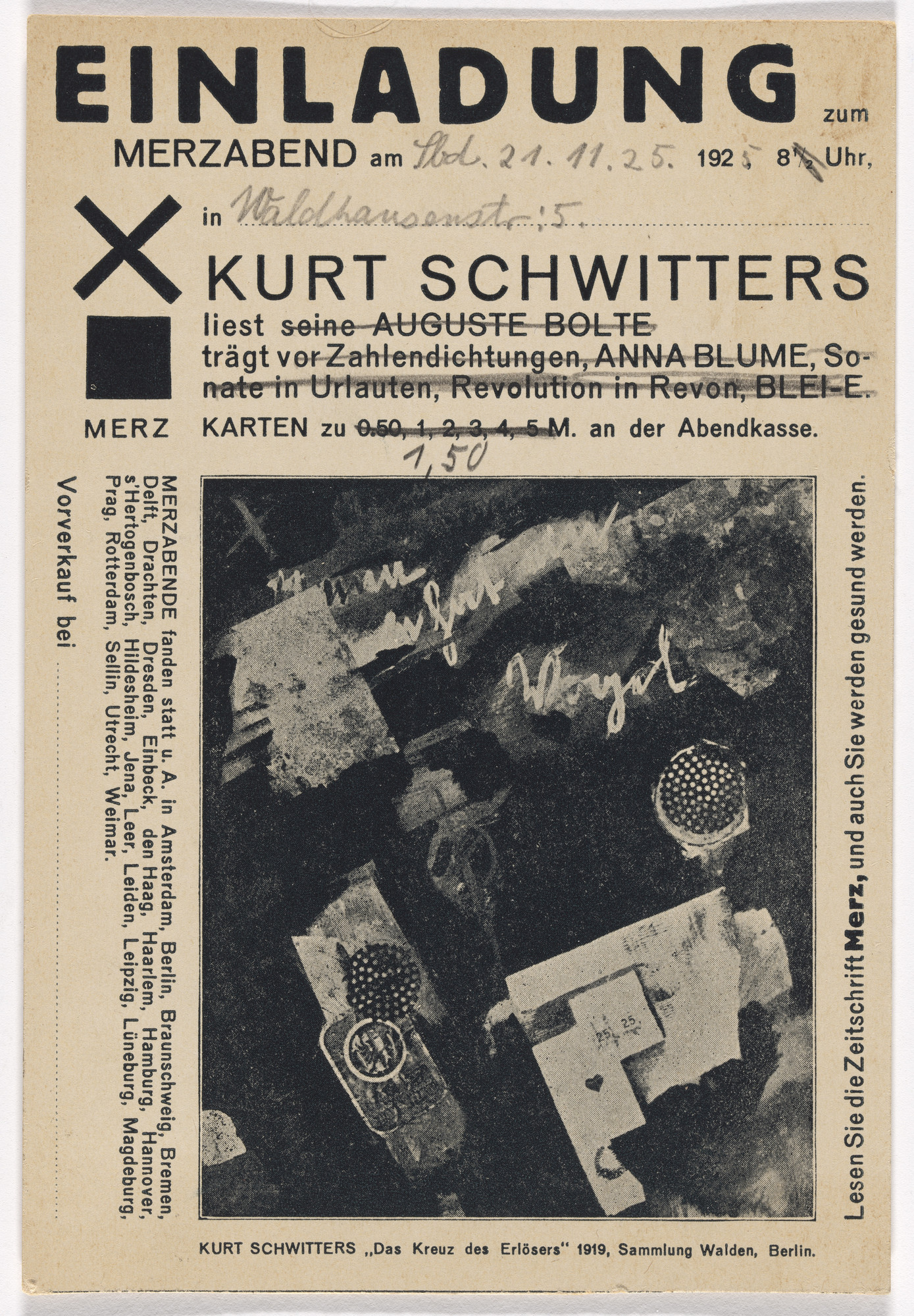 Kurt Schwitters. Postcard invitation to Merz evening (Einladung zum Merzabend)