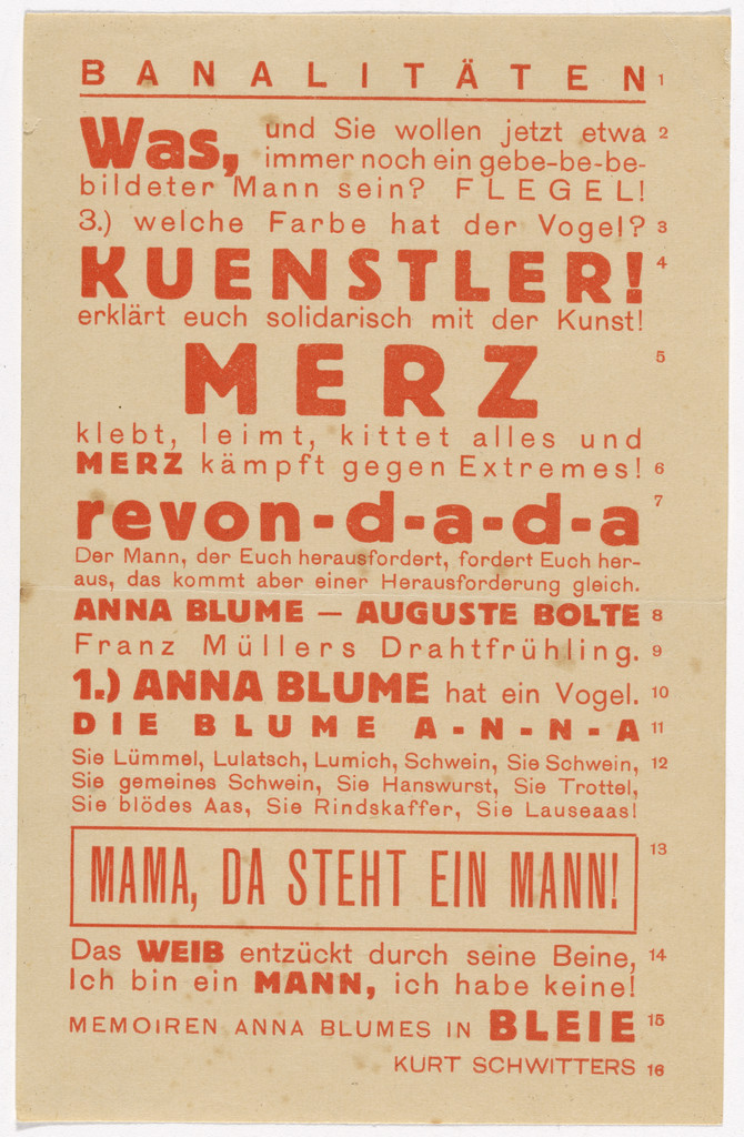 Advertising flyer for Banalities (Banalitäten) issue, Merz no. 4 (Text declares, "Merz sticks, glues, and cements everything, and Merz fights against extremes! [Merz klebt, leimt, kittet alles und Merz kämpft gegen Extremes!])