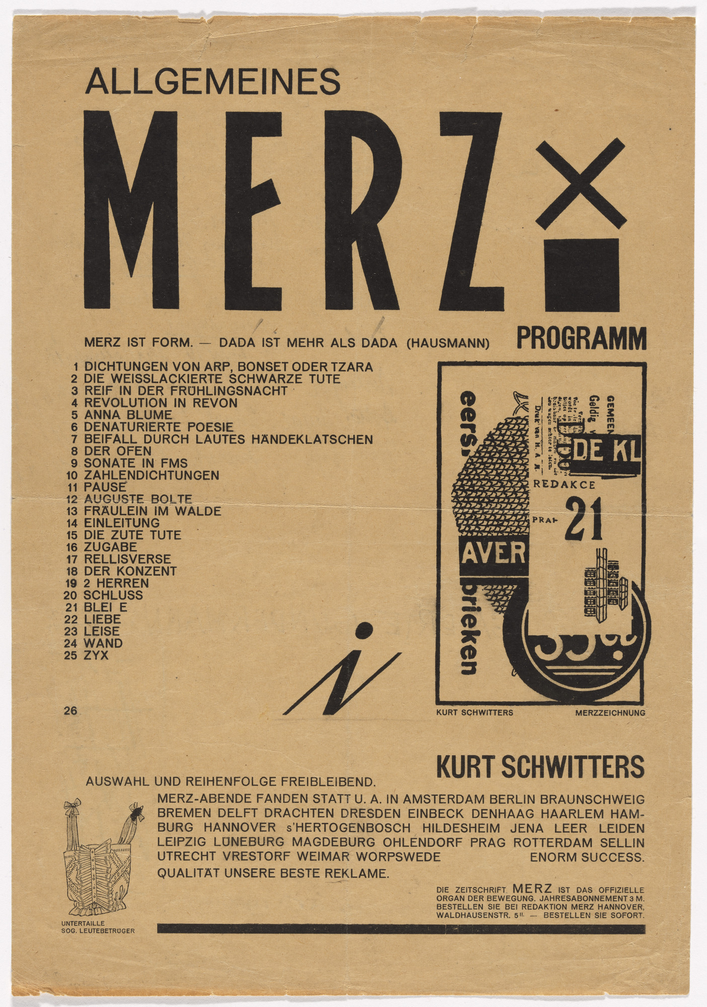 Tænk fremad mærke møde Kurt Schwitters. Advertising flyer for General Merz Program (Allgemeines  Merz Programm). 1923 | MoMA