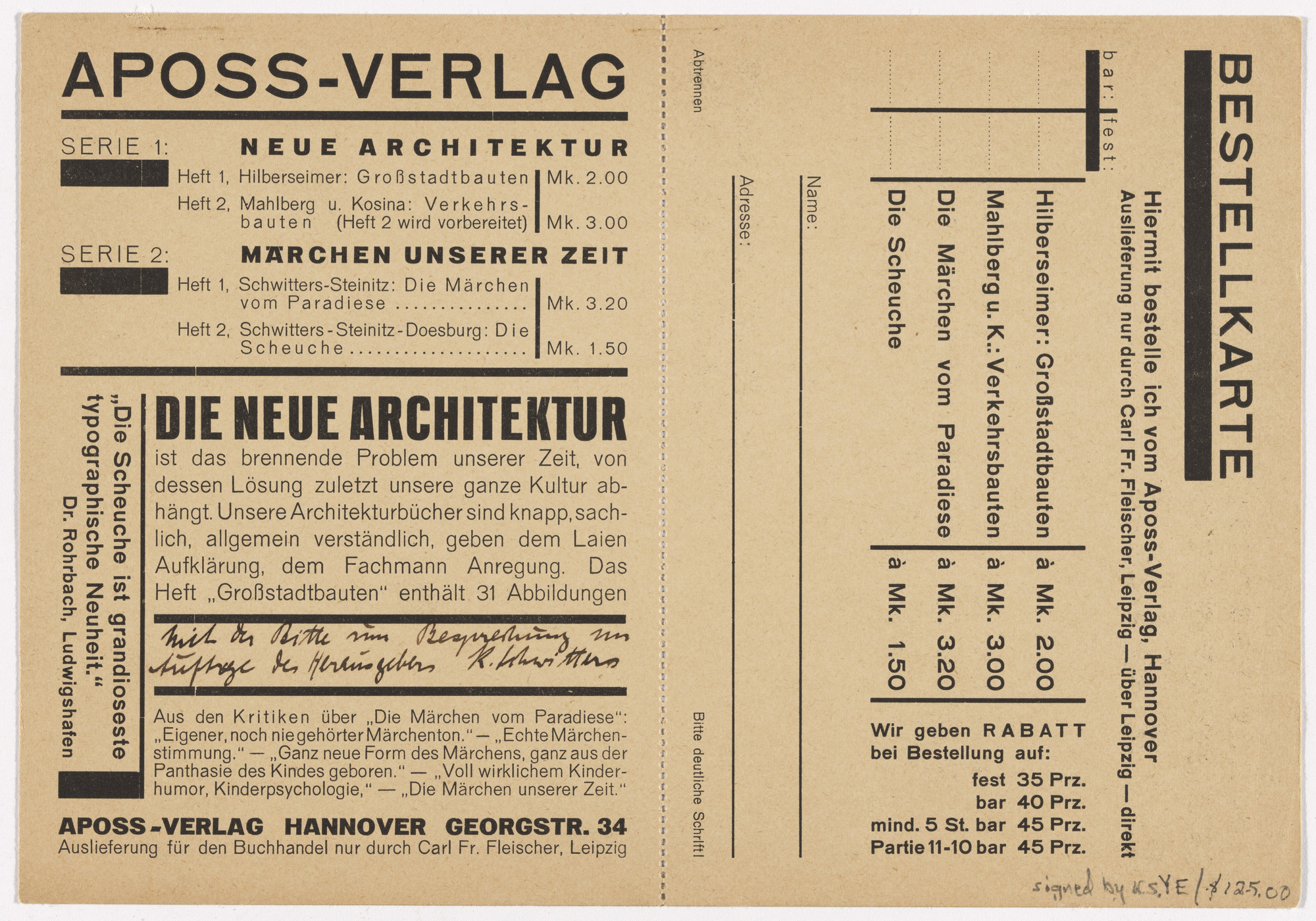 Kurt Schwitters. Order card for publications of the Aposs-Verlag from the New Architecture (Neue Architektur) series and Fairy Tales of Our Time (Märchen unserer Zeit)