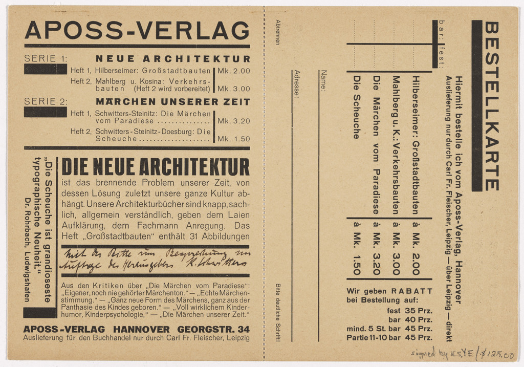 Order card for publications of the Aposs-Verlag from the New Architecture (Neue Architektur) series and Fairy Tales of Our Time (Märchen unserer Zeit)