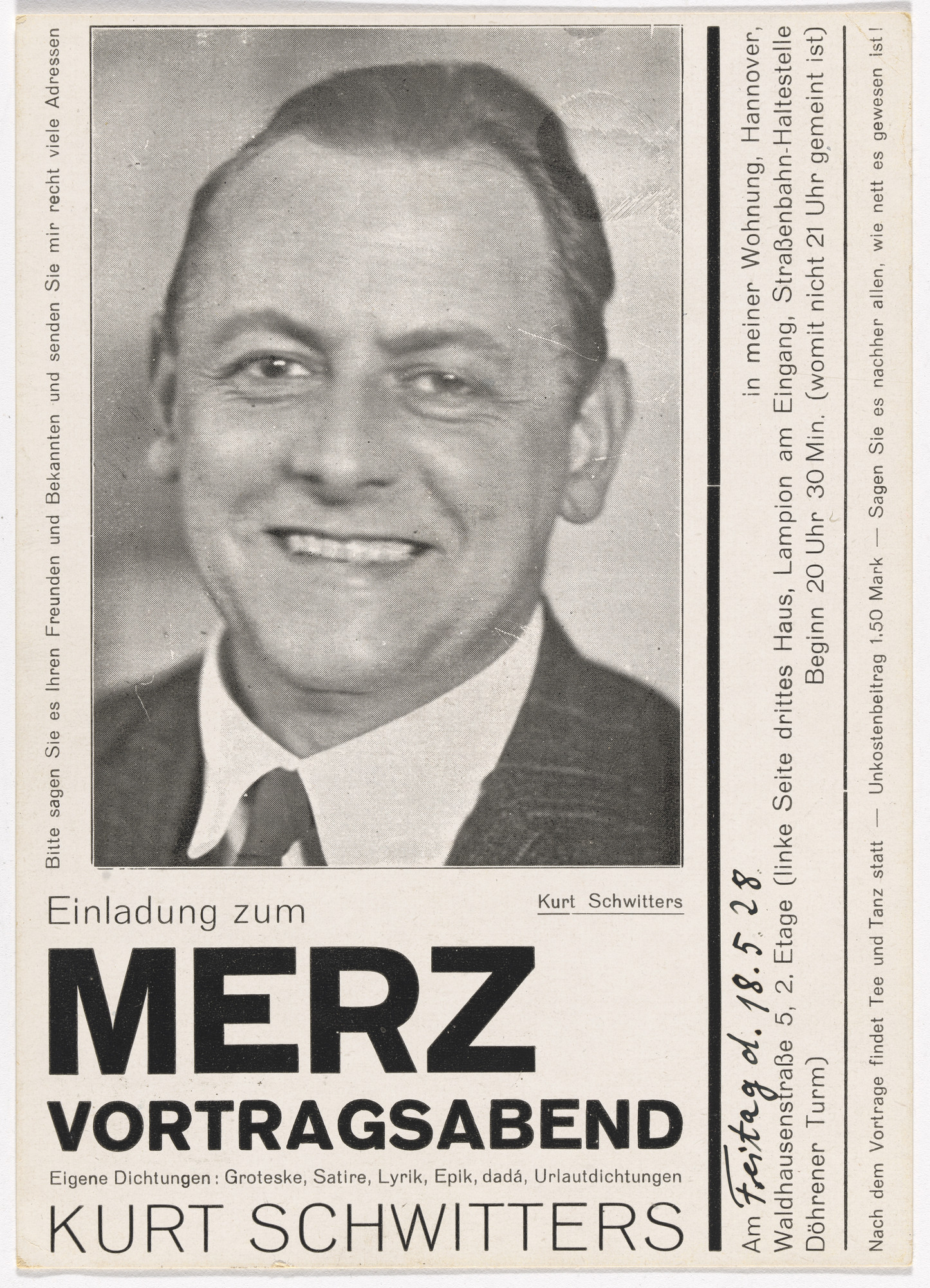 Kurt Schwitters. Postcard invitation for Merz lecture evening (Merz Vortragsabend)