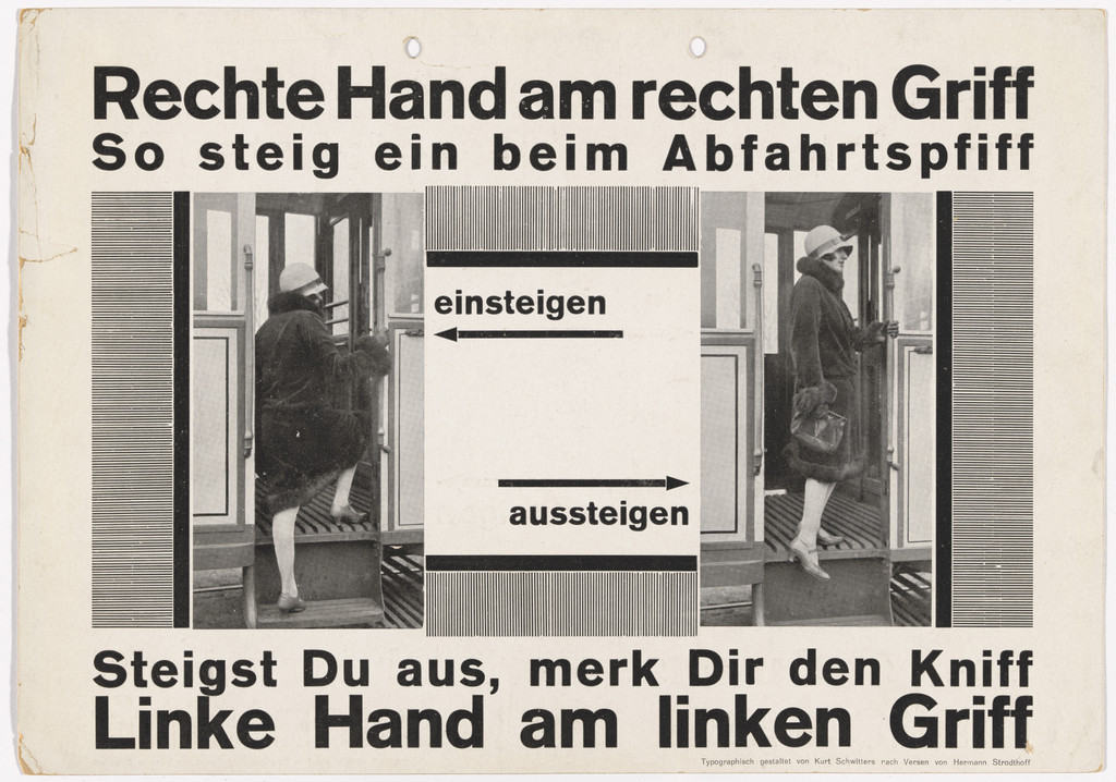 Notice for display in streetcar, for Üstra (Überlandwerke und Strassenbahnen Hannover AG) (Notice reads "Your right hand on the right-hand handle. That's how you get on when the whistle blows. And when you're leaving, here's the trick: Your left hand on the left-hand handle goes.")