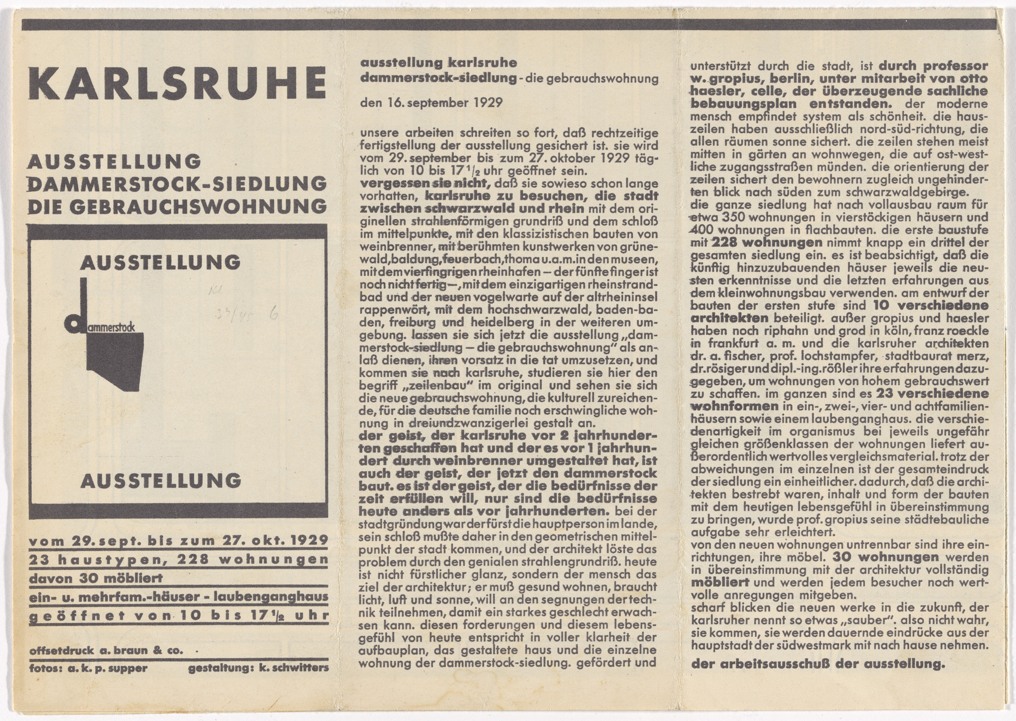 Kurt Schwitters. Brochure with map of the exhibition Dammerstock Housing Estate: The Functional Dwelling (Dammerstock-Siedlung, Die Gebrauchswohnung)