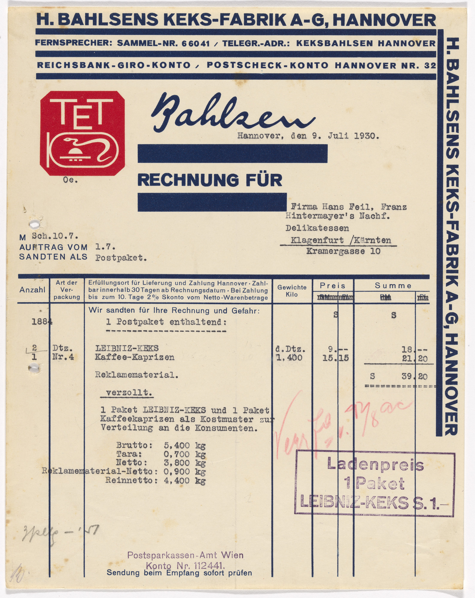 Kurt Schwitters. Stationery invoice for Hermann Bahlsen’s Cookie factory (Keks-Fabrik), Hannover