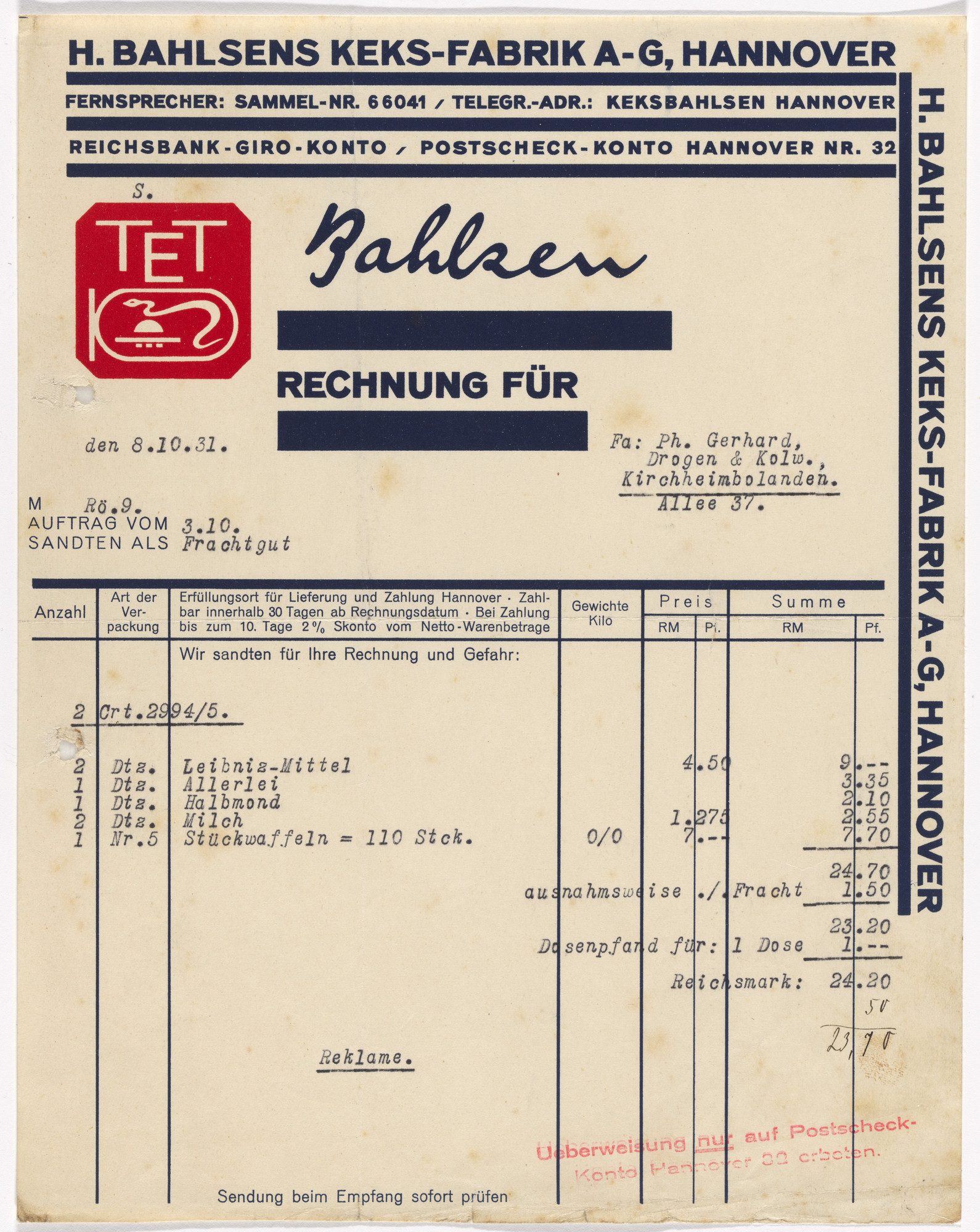 Kurt Schwitters. Stationery invoice for Hermann Bahlsen’s Cookie factory (Keks-Fabrik), Hannover
