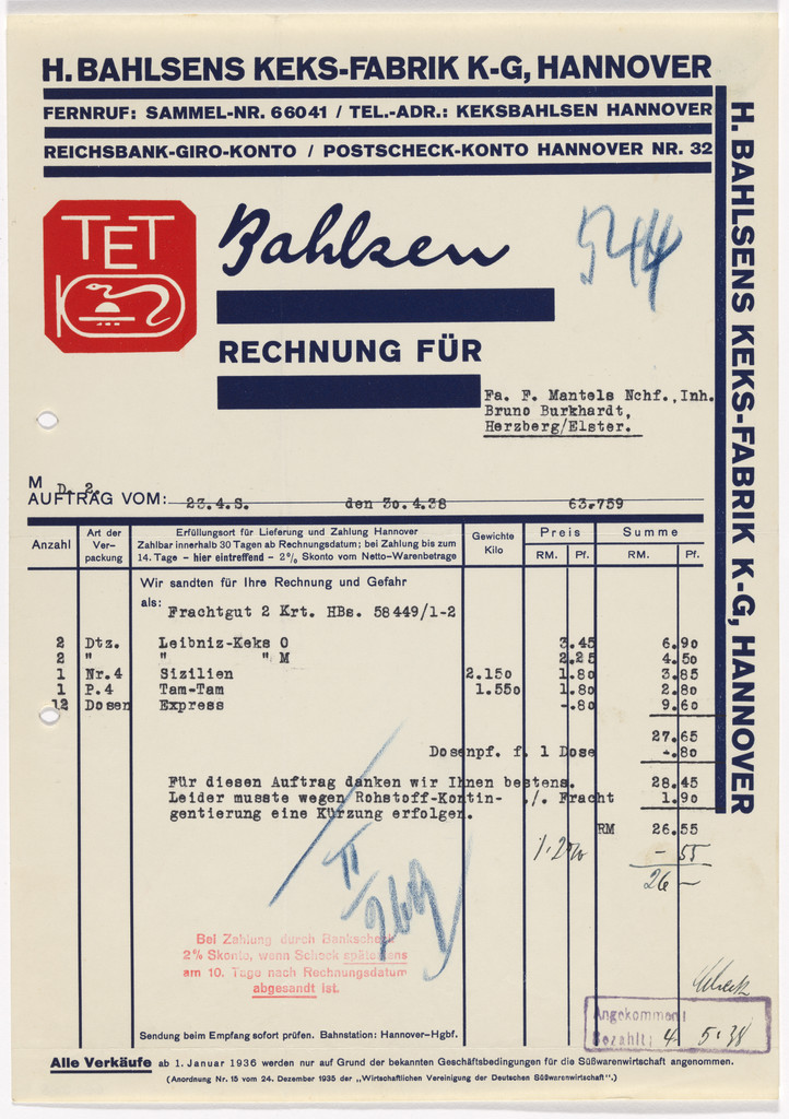 Stationery invoice for Hermann Bahlsen’s Cookie factory (Keks-Fabrik), Hannover